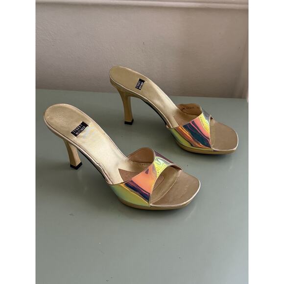 Vintage Y2K Stuart Weitzman Disco Metallic Holo Open Toed Stiletto Heel Sz 8 B - Picture 1 of 8